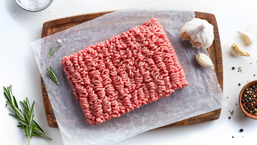 Ground beef on cutting board with seasoning ingredients. 
