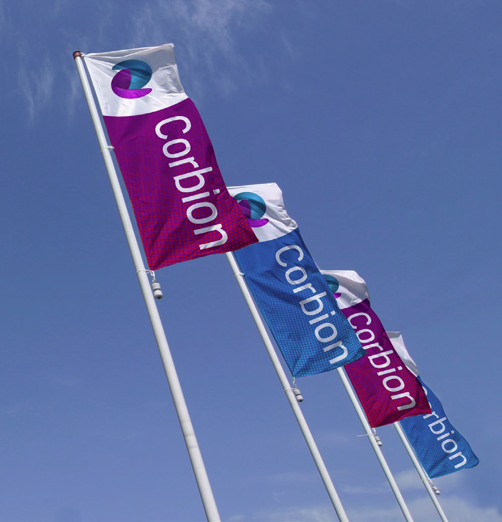 Corbion logoed flags blowing in blue sky. 