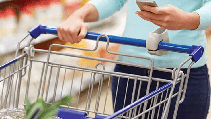 Shopping cart and smart phone.